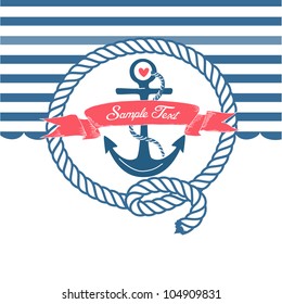 Cute Nautical Background With Anchor, Rope, Flag And A Heart