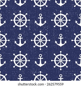 Cute Nautical Background. Navy Vector Seamless Pattern: Anchor And Steering Wheel. 