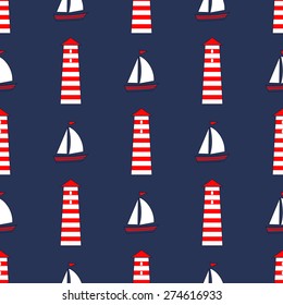 Cute nautical background. Navy vector seamless sea pattern: sailboat, lighthouse. Marine life Background Collection. Baby shower vector illustration.