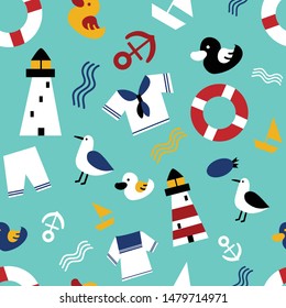 cute nautical and birds seamless pattern