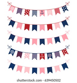 Cute nautical buntings in red, blue and pink colors for birthday parties, scrapbooking and invitations for kids 