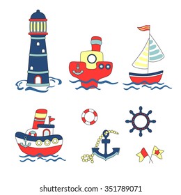 Cute Nautical Cartoon Set. Vector Illustration - Nautical Baby Design Elements. Childish Illustration. Isolated On White. Nautical Elements In Cartoon Style.