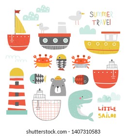 Cute nautical collection of water transport and sea animals. Kids nordic graphic. Vector hand drawn illustration.