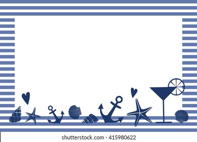 Cute nautical design with space for your text, starfish, anchor, heart, cocktail on striped background. Marine style banner and flyer. Summer card. Sea theme.