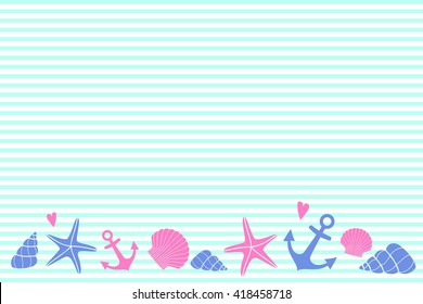 Cute nautical design with space for your text. Starfish, anchor, heart, shell on striped background. Marine style banner and flyer. Summer card. Sea theme.