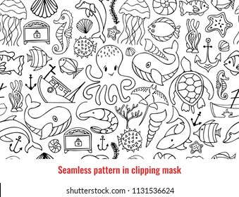 Cute nautical doodle seamless pattern. Aqatic creatures on white background. Sea animals such as octopus, whale, fish, dolphin, seahorse, shrimp, corall. Underwater ocean life.