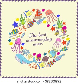 Cute nautical hand drawn doodle card,  postcard. Sea greeting card. Time to sea.