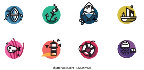 Cute nautical icon set with circles