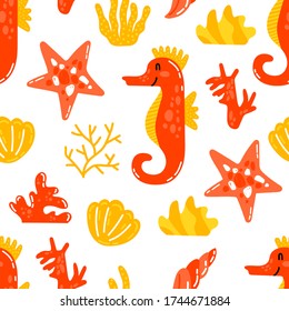 Cute nautical illustration. Seamless vector pattern with cute seahorse and corals
