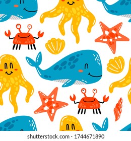 Cute nautic Illustration. Nahtlose Vektorstruktur mit süßen Meerestieren