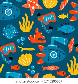 Cute nautical illustration. Seamless vector pattern with cute submarine and corals. Underwater world
