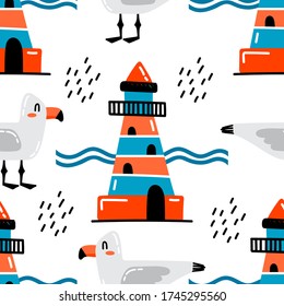 Cute nautical illustration. Seamless vector pattern with lighthouse