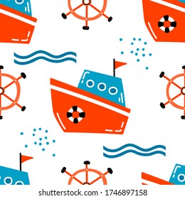 Cute nautical illustration. Seamless vector pattern with ship and helm