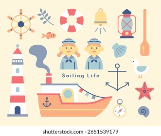 A cute nautical illustration set featuring a ship, lighthouse, anchor, lifebuoy, and sailor characters with marine elements. Ideal for summer, ocean, and travel designs.