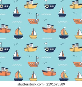 cute Nautical pattern, cute boat, Marine life, cute sea animals