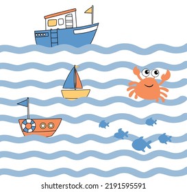 Cute Nautical Pattern, Cute Boat, Marine Life, Cute Sea Animals