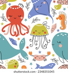 Cute nautical pattern with swimming sea animals - whale, octopus, stingray, sea turtle, crab. Funny seamless vector print hand drawn in doodle style for kids textile, wallpaper