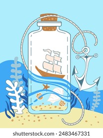 Cute nautical print. Hand drawn stylish vector clipart. Inside the bottle is a ship, a star and shells. Anchor and seaweed nearby. Design of celebrations, posters, invitations and children's textiles.