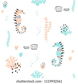 Cute nautical seamless childish pattern in 4 colors with little sea horses. Good for fabric pattern, wrapping paper, baby or kids wear, wallpaper, textile, linen