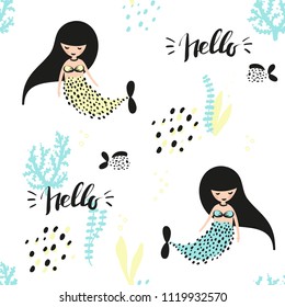 Cute nautical seamless kids pattern in 4 colors with little mermaids and sea plants.  Good for fabric pattern, wrapping paper, childish wear, wallpaper, textile, linen