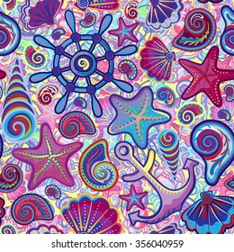 Cute nautical seamless, Marine pattern. Nautical violet pink blue background, bright seamless pattern with sea shells, anchor, wheel, starfish on colorful backdrop