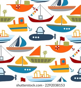 Cute and nautical seamless pattern with child boat. Hand drawn style.