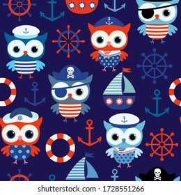 Cute nautical seamless pattern with sailor and pirate owls and boats in red and blue for summer designs