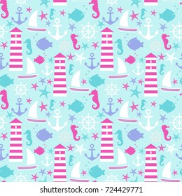 Cute nautical seamless sea pattern: sailboat, lighthouse, seagull, fish, anchor, seahorse on mint green background. Marine life Collection. Design foe textile, wallpaper, fabric, decor.