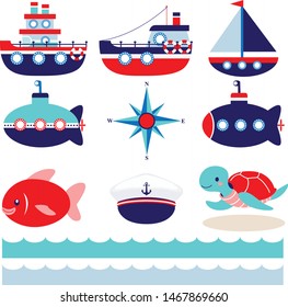 Cute nautical set of boats and submarines