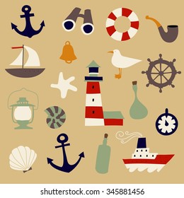 Cute Nautical Set. Flat Vector illustration - nautical design elements. Childish illustration. Isolated. Retro colors. Lighthouse, Lifebuoy,Binoculars, Smoking Pipe, Seagull,Compass, Seashells, Ship.