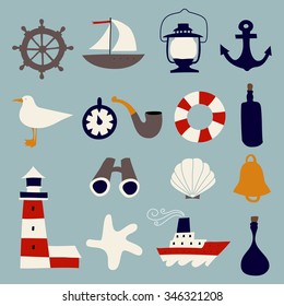Cute Nautical  Set. Flat Vector illustration - nautical design elements. Childish illustration. Isolated.