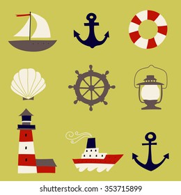 Cute Nautical  Set. Flat Vector illustration - nautical design elements. Childish illustration. Isolated.