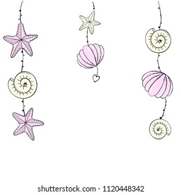 cute nautical top border with starfish, pearl shell, shells