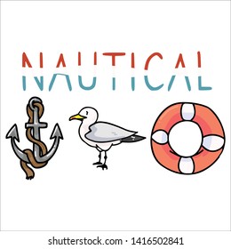 Cute nautical typography cartoon vector illustration motif set. Hand drawn isolated ocean wildlife elements clipart for anchor blog, lifering graphic, ocean web buttons.