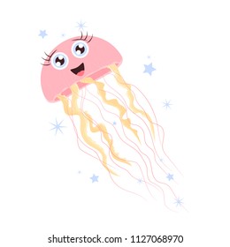 Cute nautical vector illustration of a glad pink jellyfish isolated on the white background.