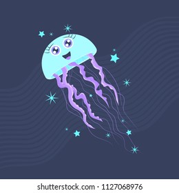 Cute nautical vector illustration of a glad turquiose jellyfish with stars on the dark blue background.