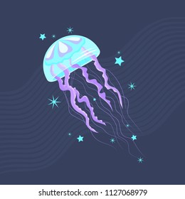 Cute nautical vector illustration of a turquoise and violet jellyfish with stars on the dark blue background.