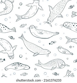 Cute nautical vector pattern with seals on white background