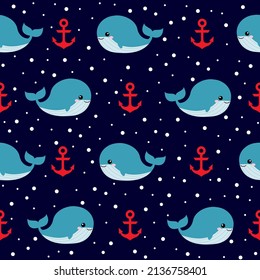 Cute nautical whale fish seamless pattern background. Flat vector cartoon design