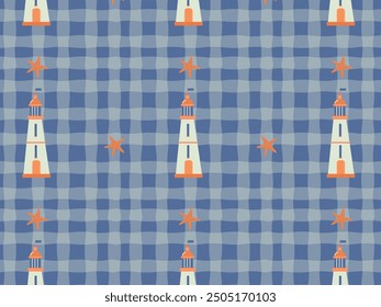 cute nautical-themed pattern with a lighthouse and starfish on a striped background