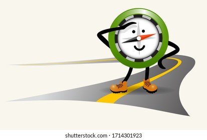 Cute navigational compass character standing on a road in hiking boots. For travel, adventure, hiking mascot logo. Vector illustration.