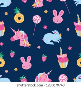 cute navy baby pattern with unicorn, rabbit, strawberry, candy and flowers