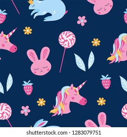 cute navy baby pattern with unicorn, rabbit, strawberry, candy and flowers