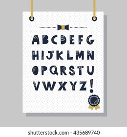 Cute navy blue doodle texture capital letters set on hanging white dotted pattern paper and gray background wall
