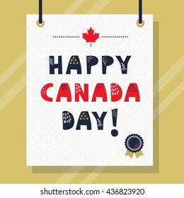 Cute navy blue and red Happy Canada Day doodle texture capital letters message, on hanging dotted pattern paper and golden background wall