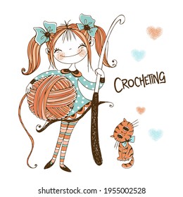 Cute needlewoman girl with a crochet hook in her hands. Vector.