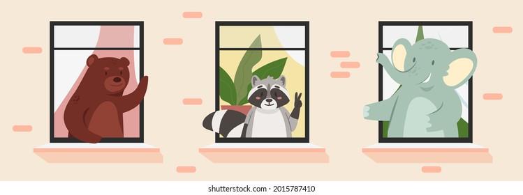 Cute neighbor animals in home windows frames, neighborhood vector illustration. Cartoon funny baby bear raccoon elephant greeting, fluffy animal neighbour characters live in apartments background