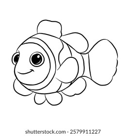 Cute Nemo Fish Sea Animal Illustration. Vector illustration. Icon isolated on white background. Line art.