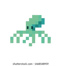 Cute neo mint green 8 bit octopus vector illustration. Sealife pixel clipart. 