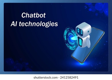 Cute neon 3D robot AI content. Chatbot technology, isometric. An AI chatbot based on artificial intelligence and neural networks.